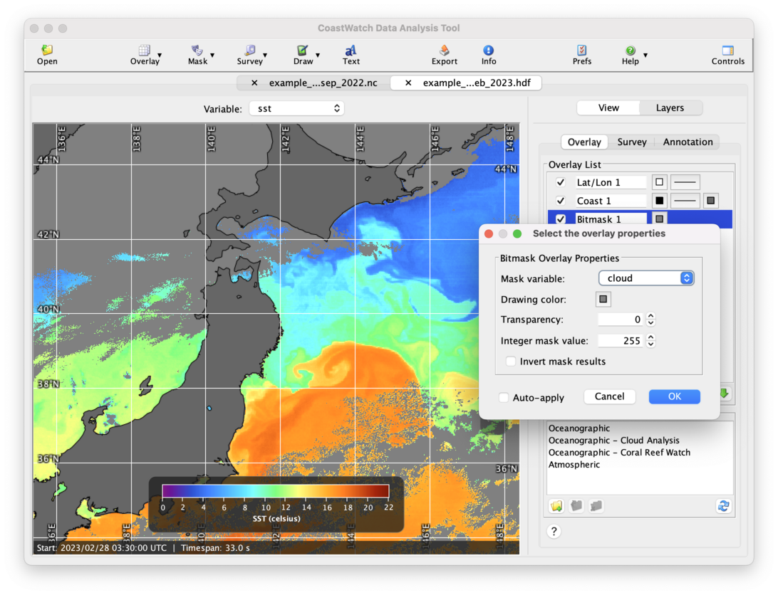 CDAT window showing SST data with clouds masked to gray using a bit mask overlay