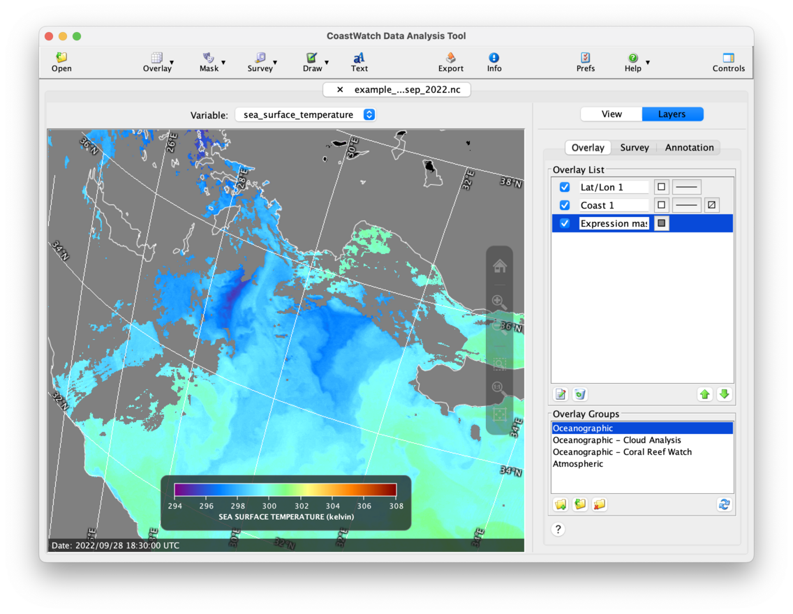 CDAT window showing sea surface temperature data near Greece and Turkey