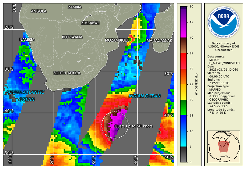 Wind data from ASCAT south of Africa with geographic labels