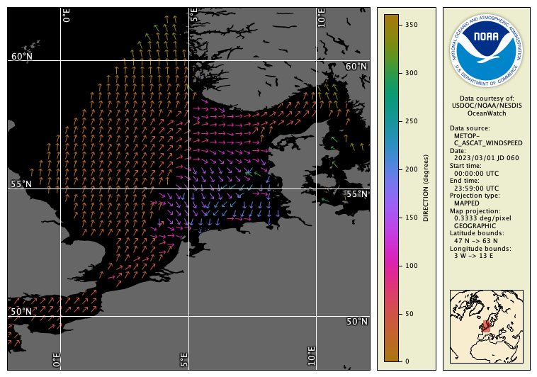 Rendering of color enhanced wind arrows in the North Sea from MetOp-C ASCAT data