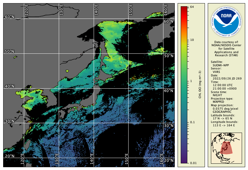 Exported image data from CDAT showing chlorophyll data near Japan, China, and the Korean Peninsula