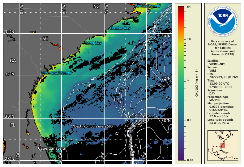 Chlorophyll data from VIIRS off the US east coast with location labels and depth contours